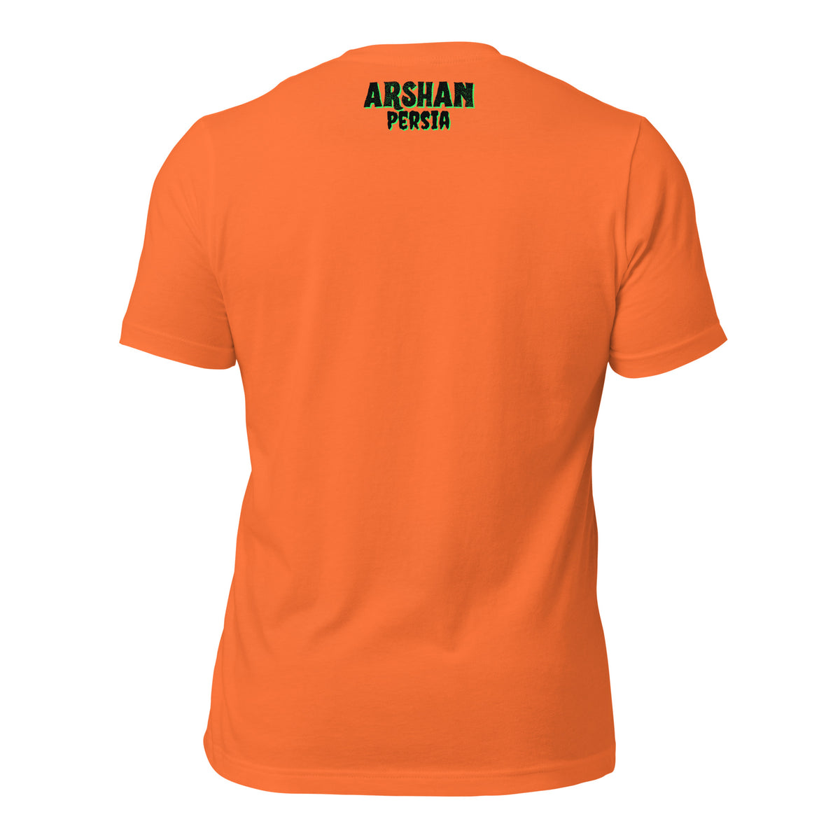 An orange short-sleeve t-shirt shown from the back, featuring the text 'ARSHAN PERSIA' printed in black with green shadow across the upper back.