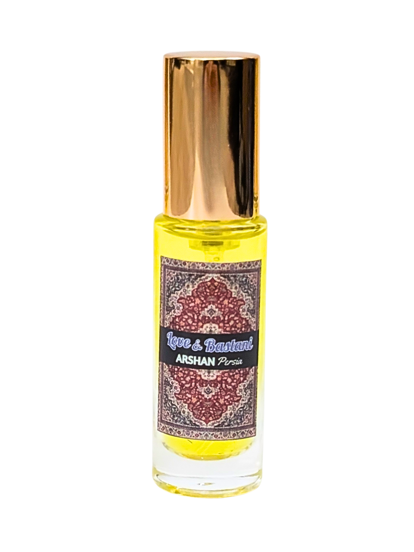 10ml traveler bottle with gold cap and colorful label on a white background