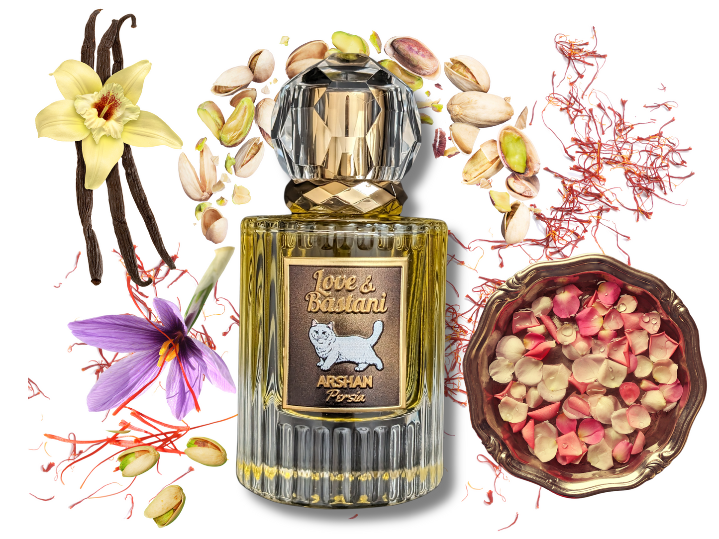 Love & Bastani features notes of Persian saffron, vanilla, Persian rose water, and pistachios.