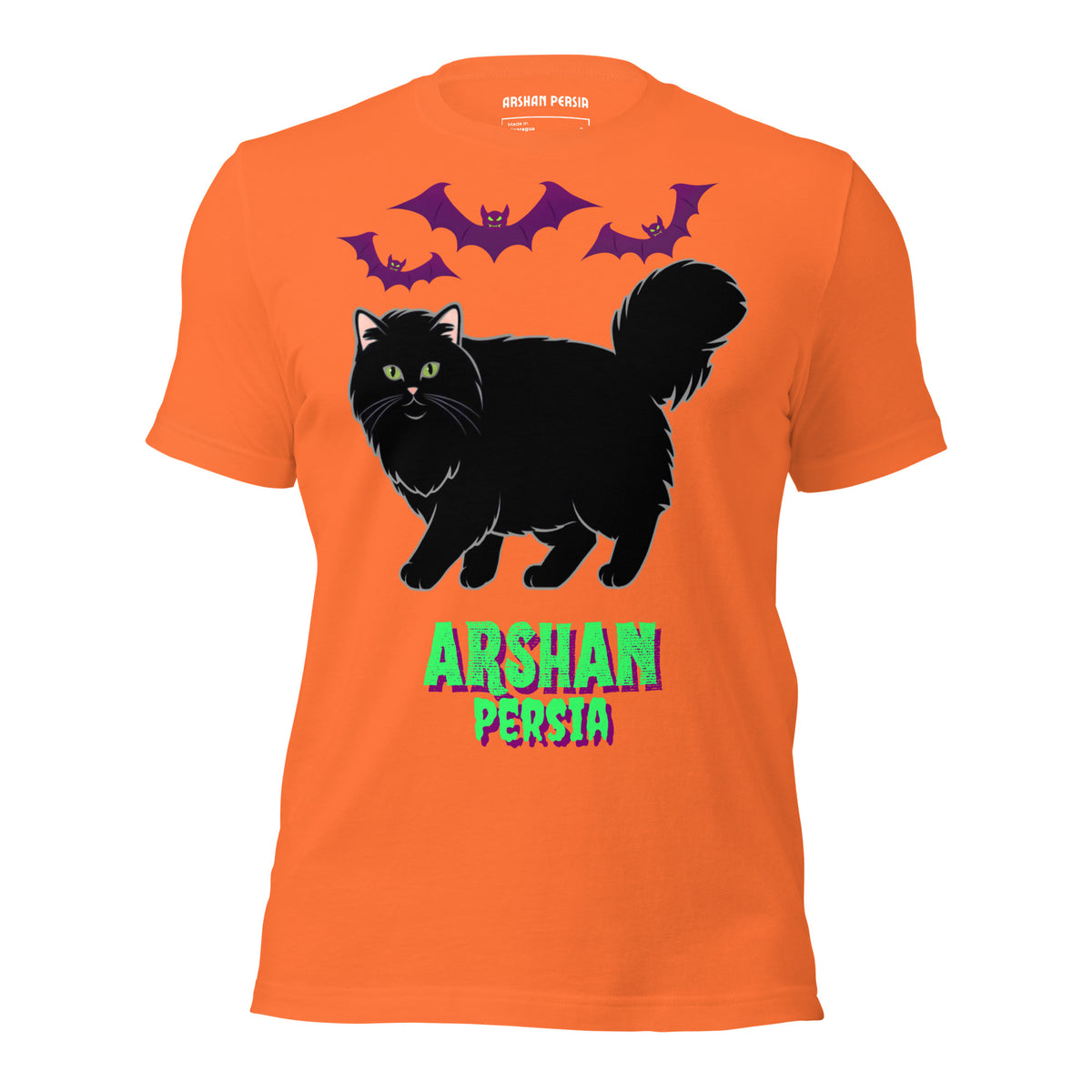 An orange short-sleeve t-shirt with a graphic print of a black Persian cat, three purple bats, and the text 'ARSHAN PERSIA' in green with purple shadow.